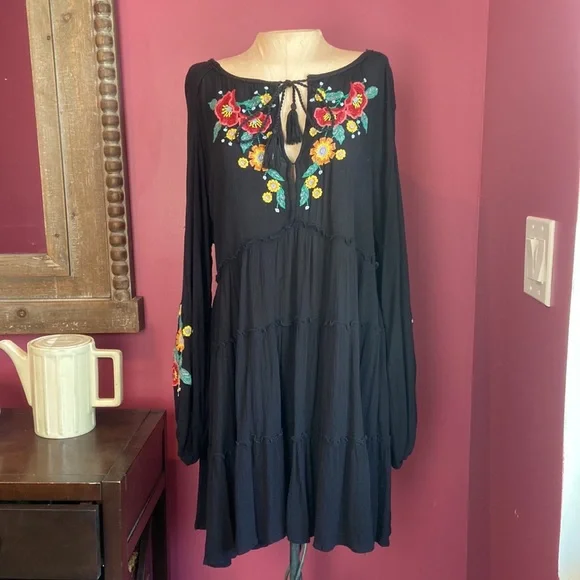 Free People Spell On You Embroidered Floral Black Dress - Picture 3 of 8